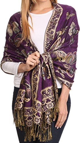 Sakkas 16126 - Liua Long Wide Woven Patterned Design Multi Colored Pashmina Shawl/Scarf - Purple - OS