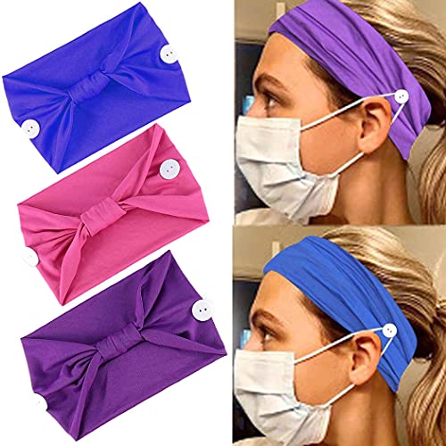 Relbcy Boho Button Headbands Blue Yoga Hair Bands Elastic Sweat Head Wraps for Women and Girls (pack of 3)