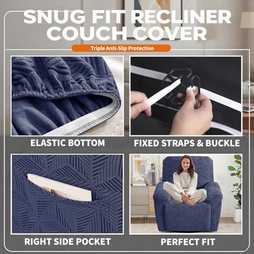 YEMYHOM Recliner Chair Cover, Stretch Recliner Slipcover for 1 Seater, Geometric Jacquard Reclining Couch Cover Furniture Protector for Pets & Kids, Navy