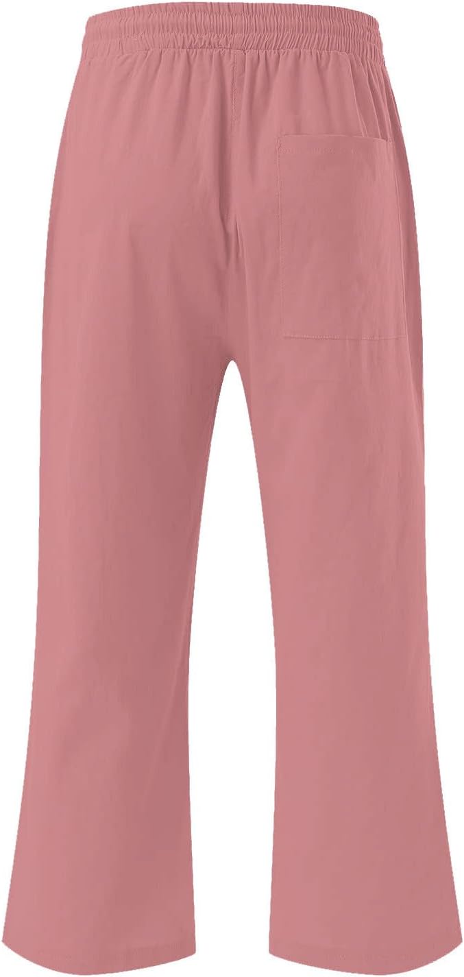 Capri Pants for Women Summer Casual Lounge Pants Cotton Linen Soft Drawstring Baggy Cropped Trousers with Pockets