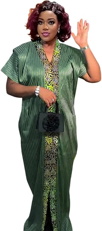 HD African Print Bubu Dress for Woman Rhinestone Pattern Rich Aunty Casual Maxi Gown