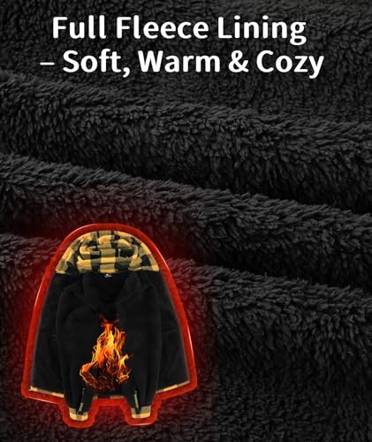 Image of V VALANCH Men's Sherpa Lined Flannel Jacket with Hood - Zip Up Plaid Shirt Jacket Winter Outdoor Warm Outerwear Fleece Coat