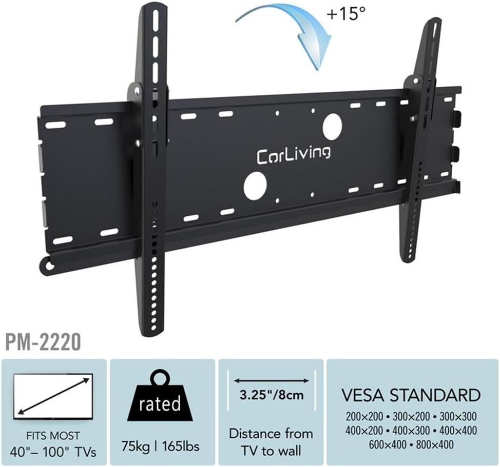 Diagram illustrating the 15-degree tilt capability of the SONAX CorLiving PM-2220 wall mount, along with other features like TV size compatibility, weight rating, and VESA standards.