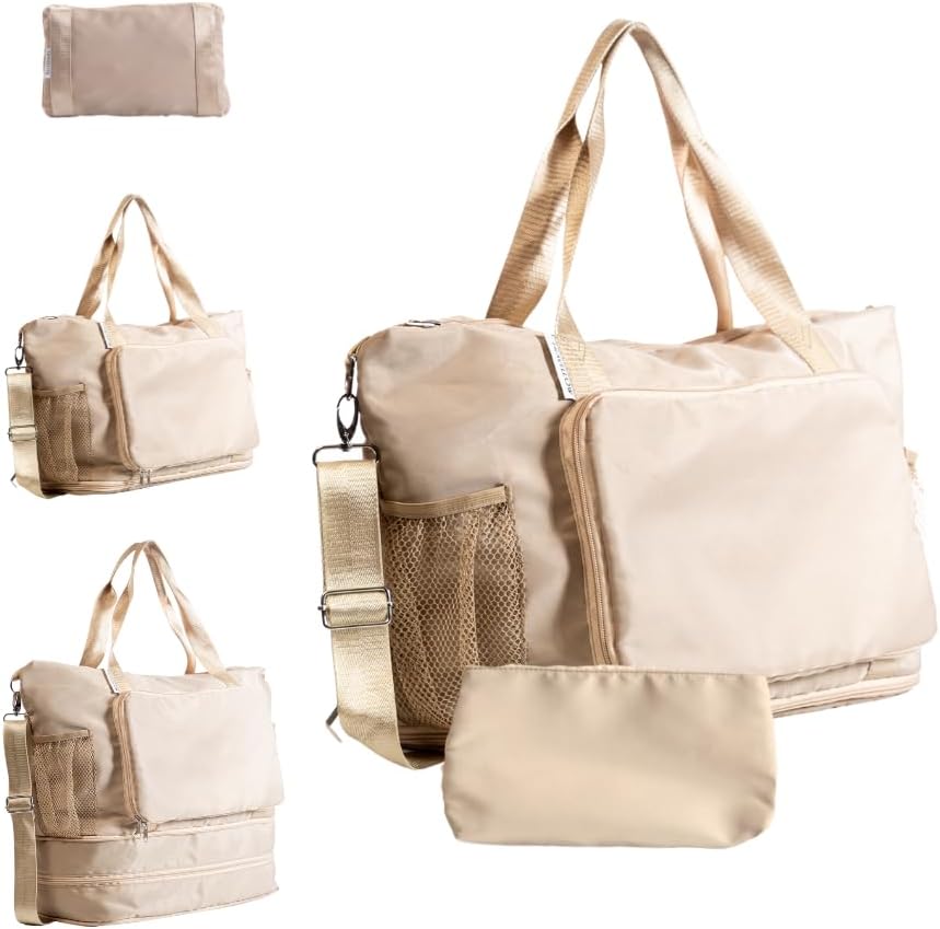 Foldable & Expandable Carry-On Bag with Shoe Compartment, Water Bottle Pocket, Luggage Sleeve, Cosmetic Case