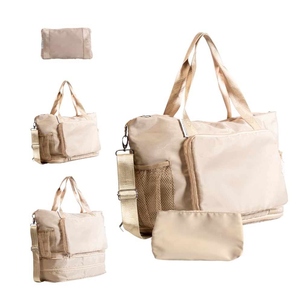 Travellow Large Travel Bag - Foldable & Expandable Carry-On Bag with Shoe Compartment, Water Bottle Pocket, Luggage Sleeve, Cosmetic Case