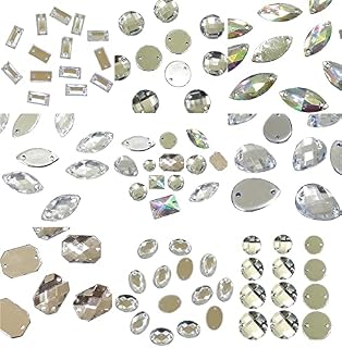Perlin 100 Pieces Sew On Rhinestone Gems for Sewing 2 Holes Sewing Buttons Crystal Acrylic Stones Crystal and AB Flat Back Faceted Mixed Shapes Set