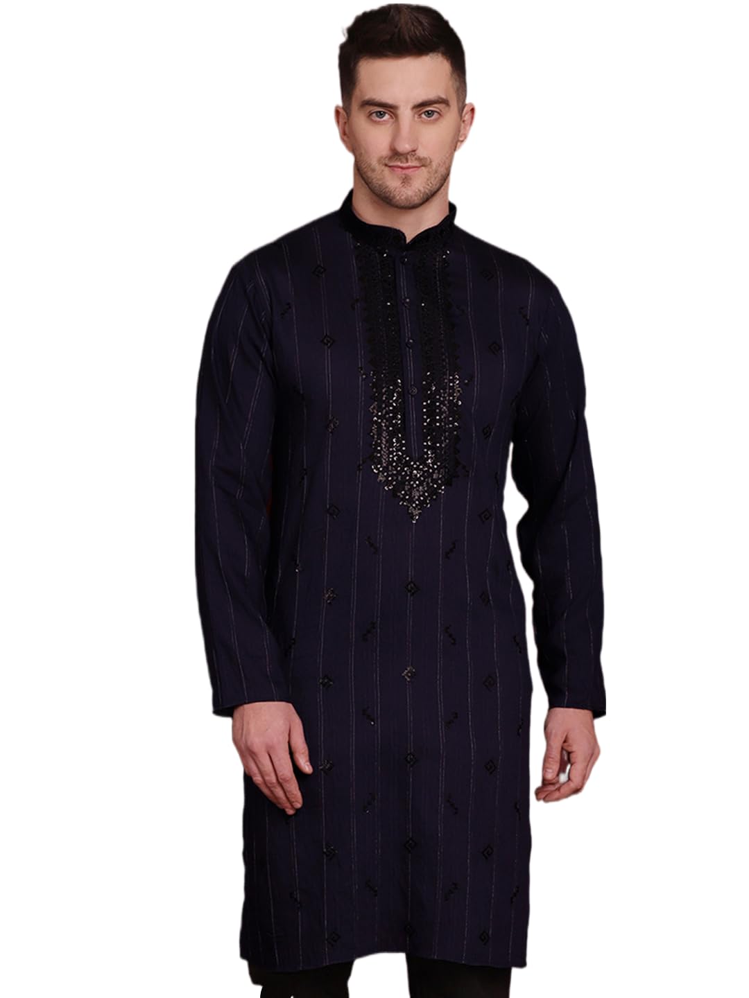 Jompers Sequins Embroidered Kurta Pyjama Set For Men. (Navy, M)