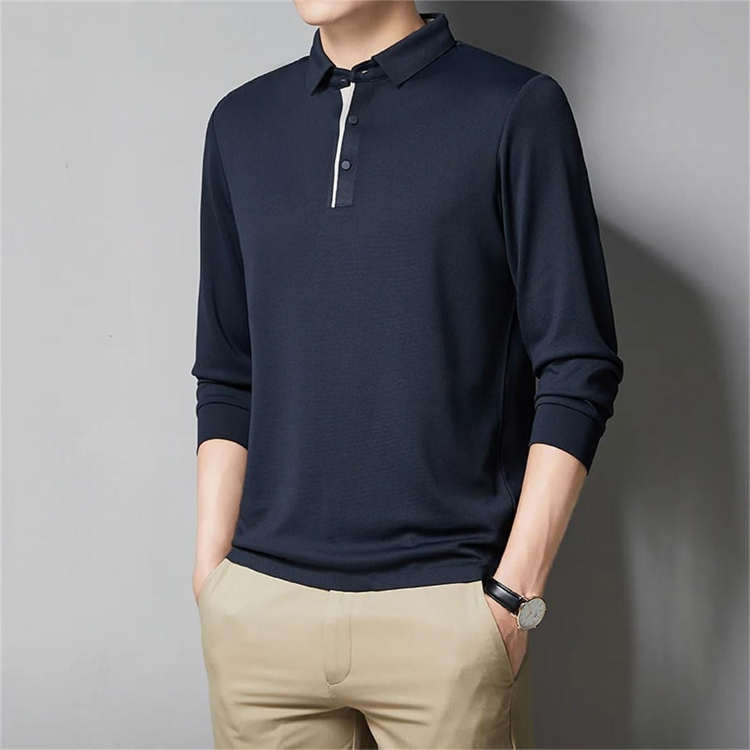 Polo de manga larga para hombre, con solapa, con botones, elástico, no deja rastro