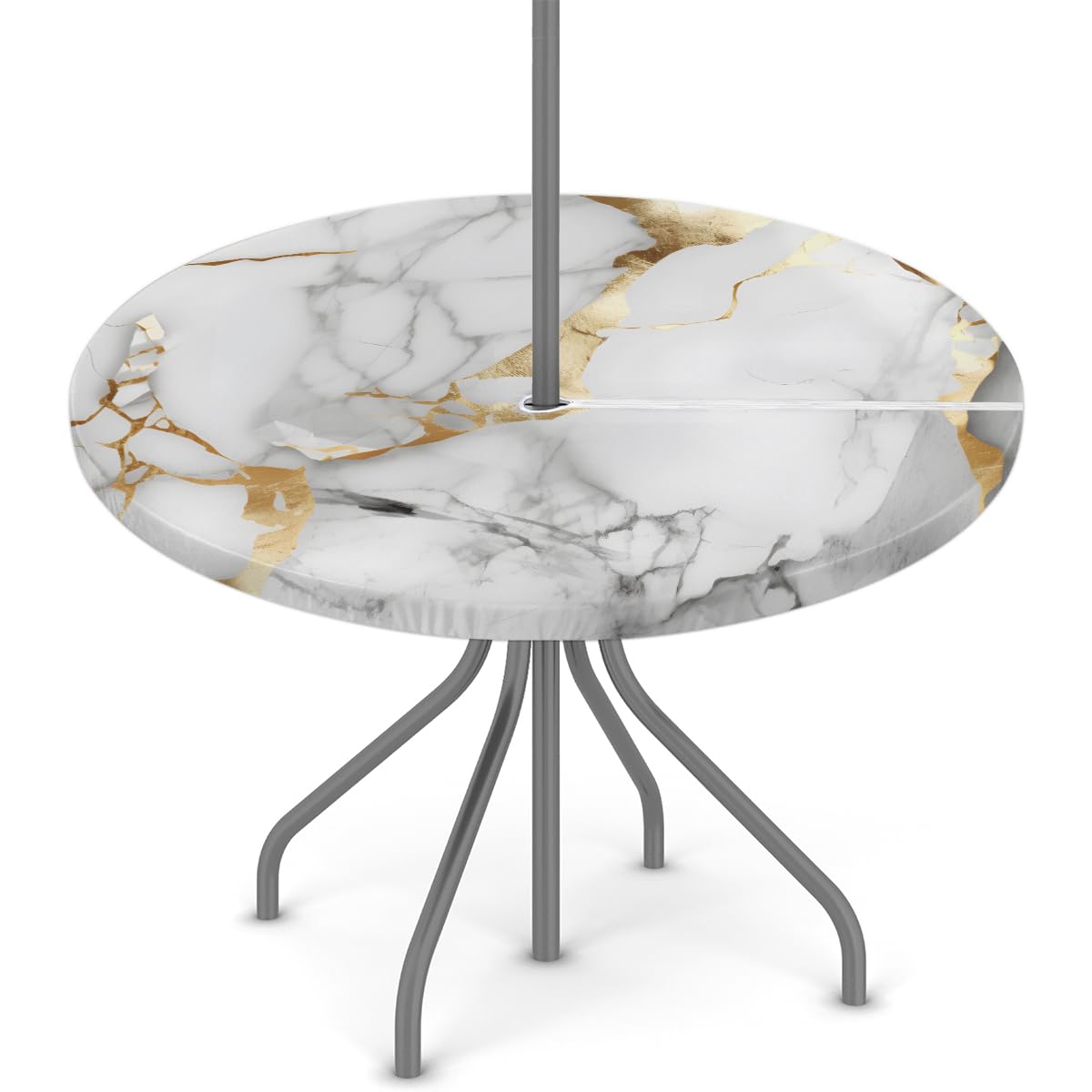 KNEMI Round Garden Table Cloth With Parasol Hole, Grey Marble Outdoor Circular Fitted Tablecloth With Umbrella Hole Waterproof Elastic Edged Table Cover for Party Picnic, Fit for 36"-44" Round Tables