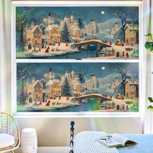 Image of Christmas Stone Bridge Village Window Film 39.37x17.32in Cling