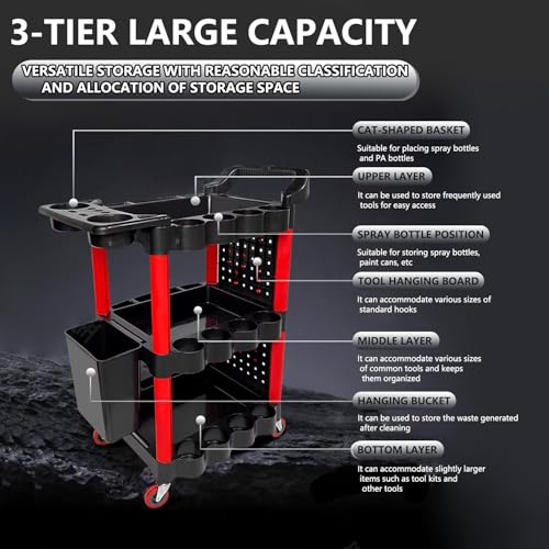 Image of Auto Detailing Cart with Wheels, 3 Tier Rolling Detail Cart with Long Hanging Plate & Hooks & Hanging Bucket & Cat Ear Basket, for Detailers Garage, Workshop, Repair Shop, Storage Tool