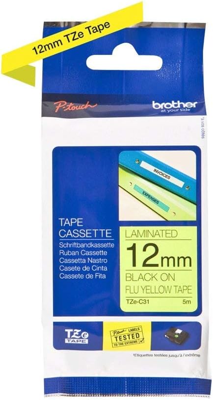 Brother TZe-C31 Labelling Tape Cassette, Black on Fluorescent Yellow, 12 mm (W) x 5 m (L), Laminated, Brother Genuine Supplies