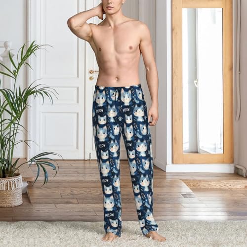Mens Pajama Pants - Cute Blue Cat Print Soft Sleep Lounge Pants For Men, Casual Pj Bottoms With Pockets2