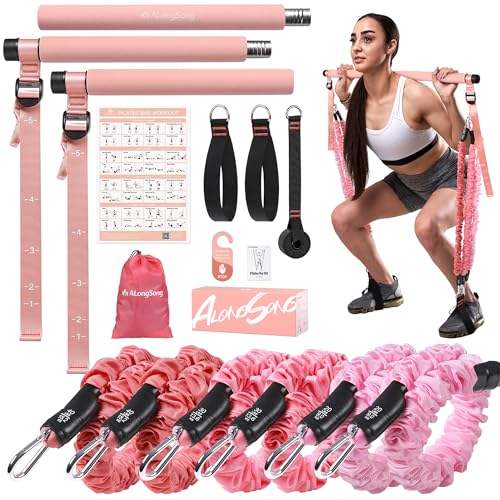 ALongSong Kit Pilates con 6 Bandas Elasticas de Tela (20-180 LBS), 2 Correas para Pies y 1 Ancla de Puerta, Kit Pilates en Casa, Adecuado para Entrenamientos de Cuerpo Completo - Rosa Coral