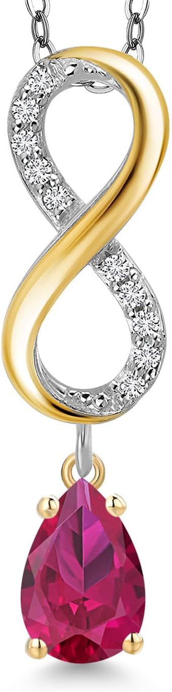 Gem Stone King 925 Silver and 10K Yellow Gold Red Created Ruby and Lab Grown Diamond Pendant Necklace for Women | 2.18 Cttw | Gemstone July Birthstone | Pear Shape 8X5MM | With 18 Inch Chain