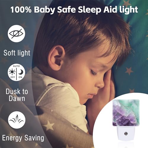 Image of Purple Green Fluorite Marble Night Light, Luxury Rock Gemstone Dusk to Dawn Night Light Plug in, 0.5w Energy Saving Sleep Friendly NightLight for Kids Boys Girls Home Decor