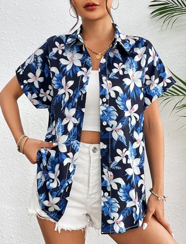 Zeagoo Women's Hawaiian Button Down Shirts Casual Short Sleeve Floral Tropical Print Summer Blouse Tunic Top2