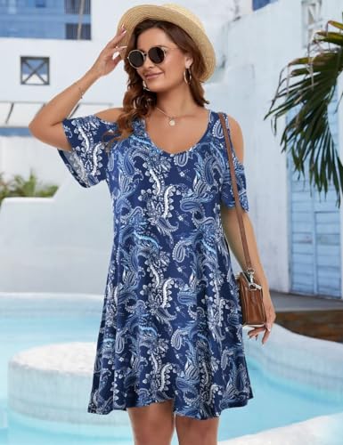 Image of JollieLovin Womens Plus Size Short Sleeve Cold Shoulder V Neck T-Shirt Dress with Pockets
