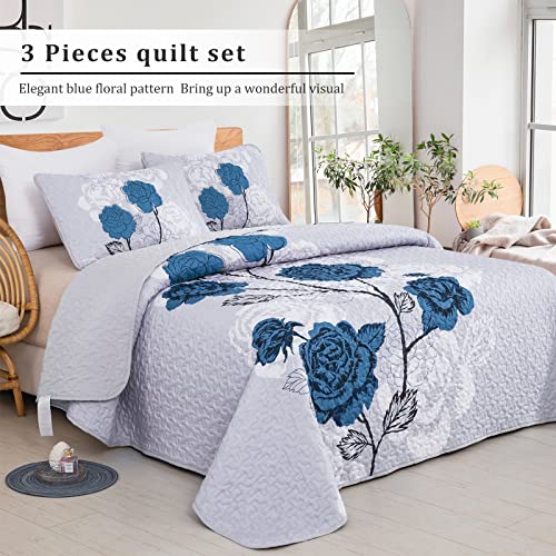 Floral Quilt Set King Size,Elegant Blue Floral Printed Bedspread Coverlet 3 Pieces Soft Microfiber Bedding Set With 2 Pillowcases For All Season (104"×90") #TOP1