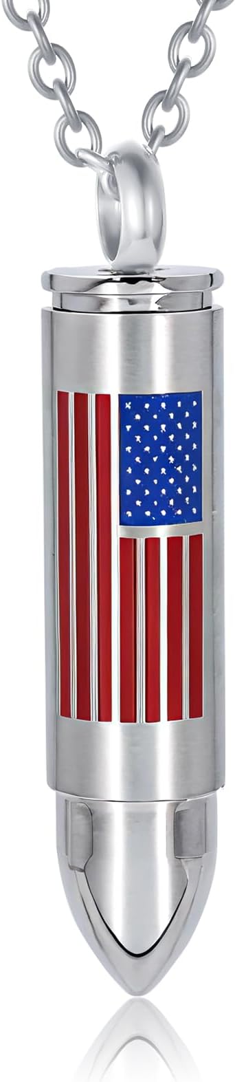 Patriotic Bullet Urn Necklace with American Flag - Stainless Steel Cremation Jewelry Holds Ashes, Waterproof Memorial Pendant for Military, Veteran, Pet Loss