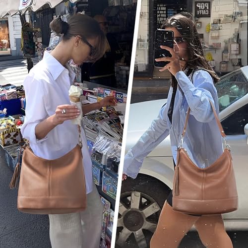 Image of Genuine Leather Hobo Crossbody Bag for Women, Soft Real Leather Bucket, Shoulder Handbag Purse with 2 Removable Strap
