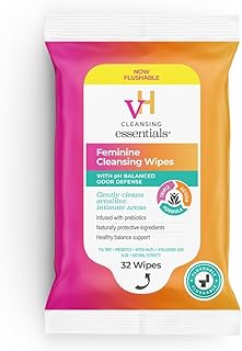 vH essentials Flushable Feminine Cleansing Wipes 32 ct. pH Balanced, Prebiotics, Tea Tree & Aloe, Soothing Witch Hazel, Odor-Blocking Formula, Paraben, Alcohol, and Fragrance-Free
