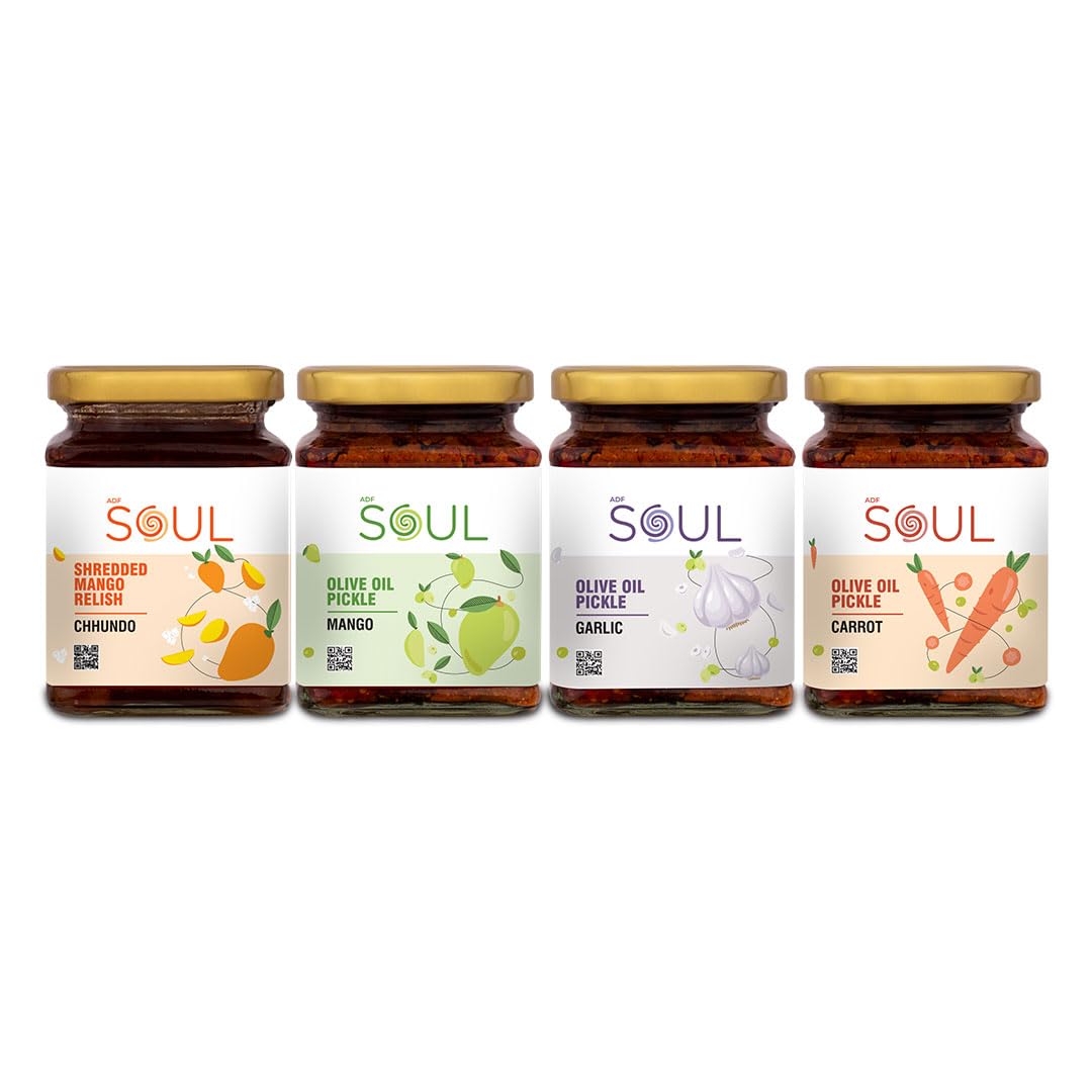 Soul Pickle In Olive Oil Combo Pack Of 4 (Chhundo 325 GM + Mango 275 GM + Garlic 275 GM + Carrot 265 GM)