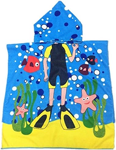 AMA(TM) Baby Kids Cartoon Hooded Bath Towel Wrap Beach Poncho Robe (Blue)