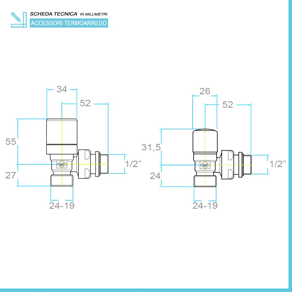 Valvola e detentore per termoarredo in acciaio cromo con tappo bianco, attacchi standard G ½”, INCLUDE testa termostatica e raccordi per rame o multistrato