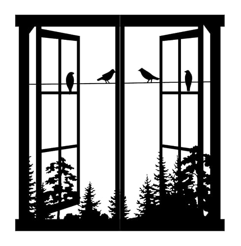 Image of Resama Metal wall art birds in the window landscape wall hanger,Mountain and Forest Nature Metal Wall Decor,Unique Large Wall Decor, İnterior Design Housewarming Gift (Black, Small)