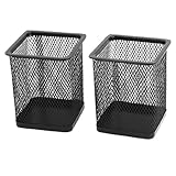 Metal Square Mesh Design Home Office Pen Holder Case, 2 Pcs, Black