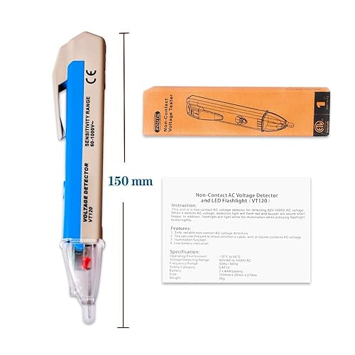 Miniatura 7 de Probador de voltaje sin contacto con linterna LED, alarma de zumbador, pluma detector de voltaje de CA, rango de prueba 60V - 1000V y juicio de