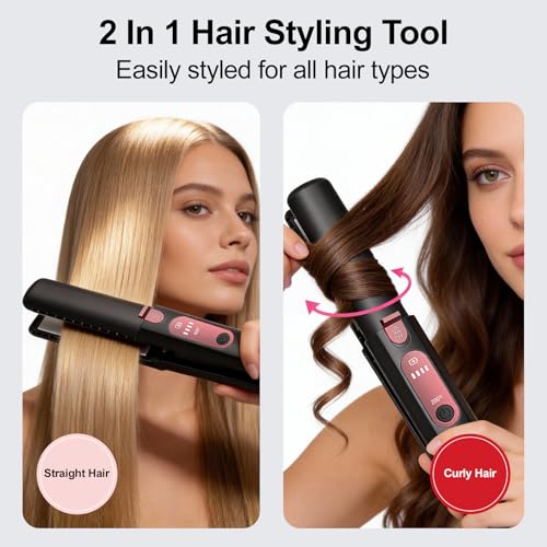 Portable Hair Straightener and Curler 2 in 1 Cordless Flat Iron Mini Cordless Hair Straightener with USB Charging Ceramic Curling Iron Cordless for Travel for Thin Hair, Bangs & Edges, Black — view 4