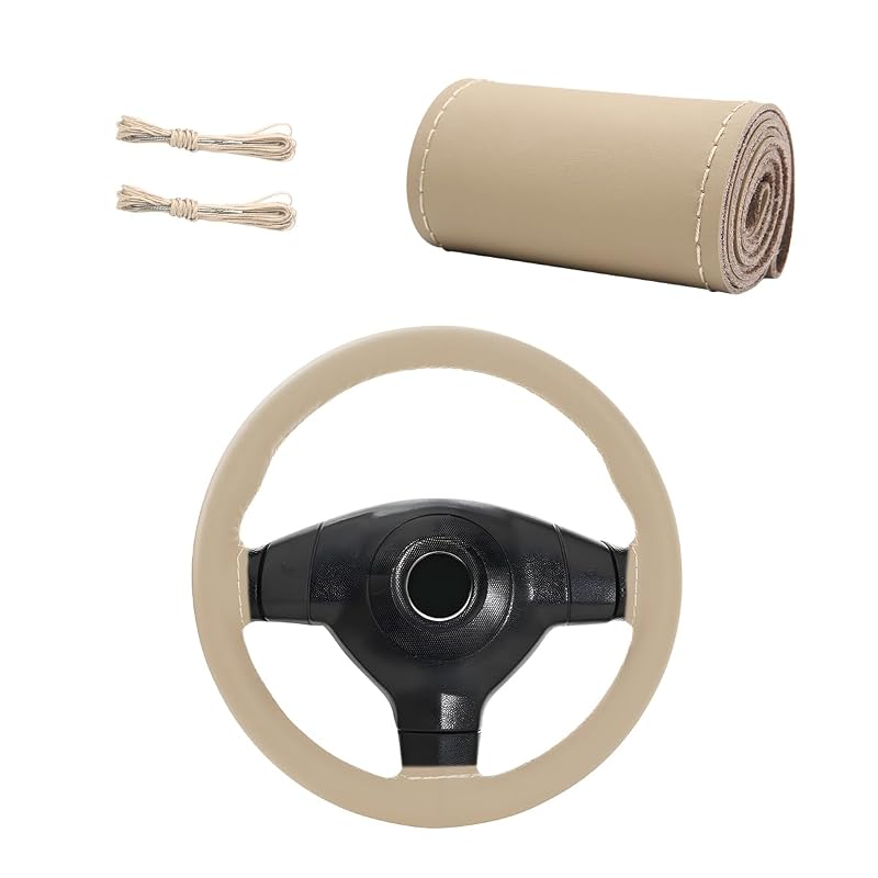 Capa para Volante em Couro Legítimo MTRPS, Costura Manual, Bege com Acabamento Brilhante, para Volantes de até 38,1 cm, Kit com 1 peça