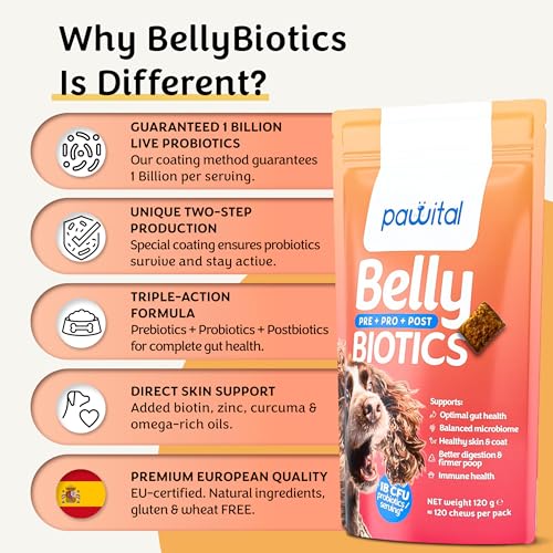 Pawital Belly Biotics: Präbiotischer, probiotischer und postbiotischer 3-in-1 Hundesnack – bei übermäßigem Pfotenlecken, Juckreiz und Verdauungsproblemen – 1 B KBE – 360 Leckerlis