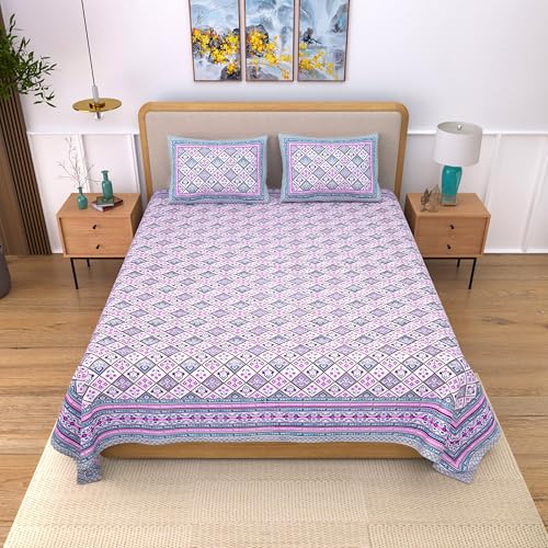 Image of India 100% Pure Cotton Jaipuri Printed Double Bedsheet with 2 Pillow Covers | Traditional Sanganeri Floral Design | Soft Breathable Fabric | King Size Bedsheet for Bedroom (Kaya39)