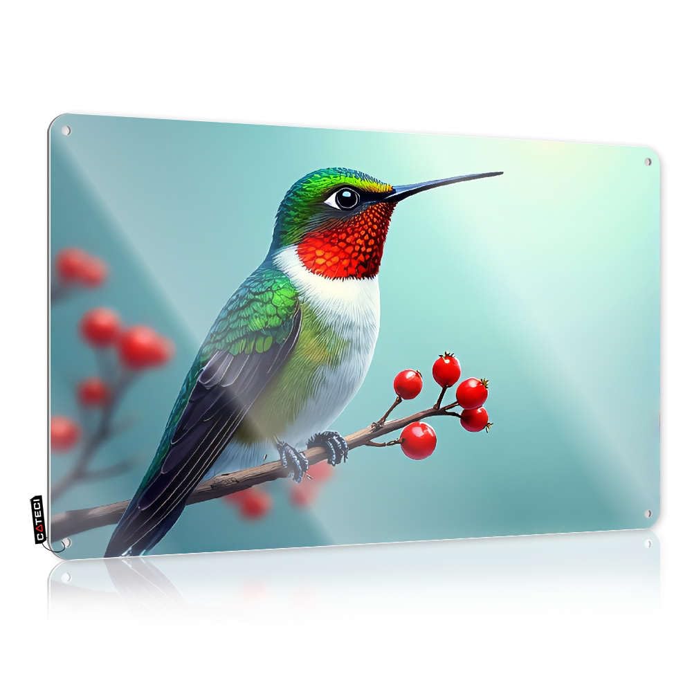 Funny Wall Art Artwork Ready To Hang - A Colorful Hummingbird Perches On A Branch With Red Berries. Wedding Gift For Game Room(20X30CM)