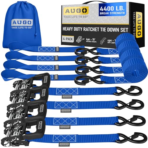Image of AUGO Heavy Duty Ratchet Straps & Soft Loops - Pack of 4 Extra Strong 1.5 inch by 15' Ratchet Straps w /S-Hook Safety Latches & 4 Soft Loop Tie Downs - 4400Lb Break Strength for Motorcycles, ATVs, Etc.