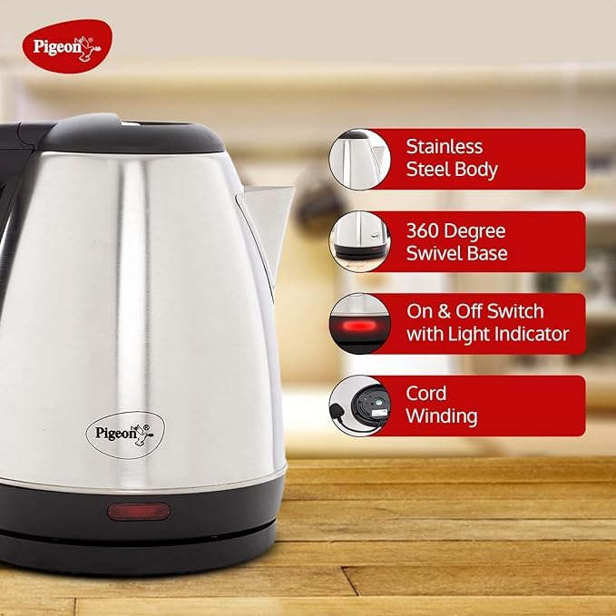 Image of Pigeon Amaze Plus Electric Kettle 1.5 L, 1500 Watts, Stainless Steel Body with Auto Shut-off Special Feature Used for Boiling Water - (Silver)