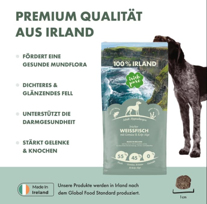 Irish Pure 4kg Trockenfutter Adult | Irischer Weißfisch mit Gemüse & Kelp-Alge | Hoher Fleischanteil | Getreidefrei | Hypoallergen | Single-Protein Hundefutter für ausgewachsene Hunde Aller Rassen