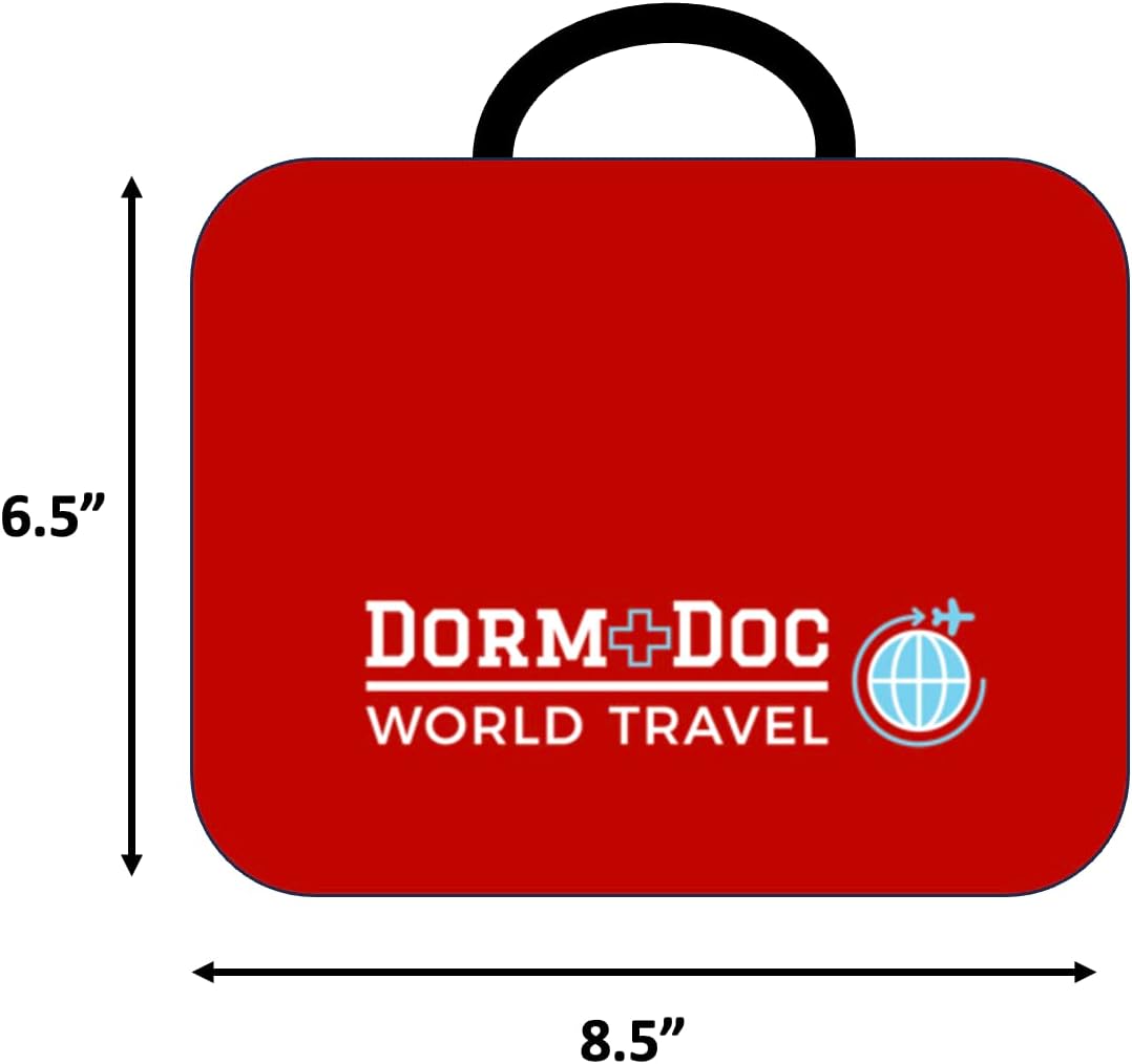 World Travel 200 Piece Emergency First Aid Kit for College Students - Dorm Room Foreign Study Kit with OTC Medicines and Bandages for School, Sports, Vehicle and Travel (Red)