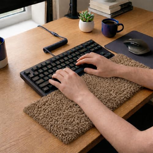 Image of Soft Plush Keyboard Carpet Wrist Rest Pad - Fluffy Ergonomic Wrist Support & Desk Nap Pillow for Computer, Laptop, Office Work & Gaming - Fuzzy Shag Desk Rug Cushion (45 x 15 cm) - Beige