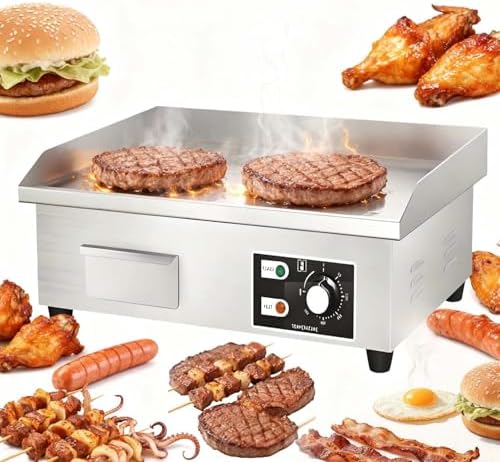 Commercial Electric Flat Top Grill - Stainless Steel Griddle with Adjustable Heat Control 122-572°F, Non-Stick, 1700W, Perfect for Home Kitchens and Restaurants.