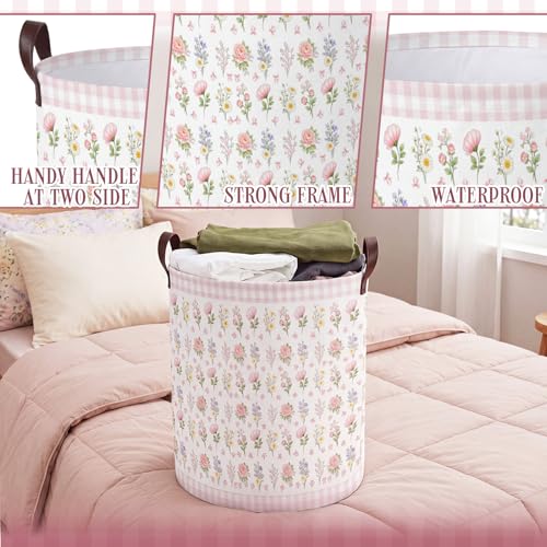 Image of Fourluoo 6 Pack Pink Bow Fabric Storage Basket Waterproof Laundry Hamper with Handles Flower Round Storage Bin for Clothes Foldable Organizer for Bedroom Nursery Bathroom