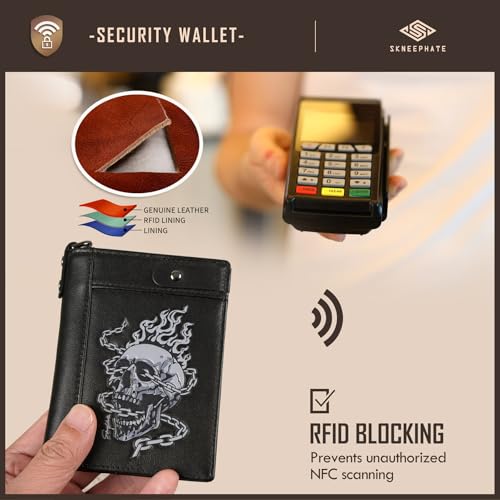 Image of Mens Leather Wallet With Chain Skull Bifold Wallets Zipper Coin Pocket Rfid Blocking Gift For Him Husband (black)