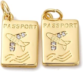 KitBeads 10Pcs Brass Zirconia Passport Charms Airplane Pattern Travel Theme Dangle Charms for DIY Bracelet Making