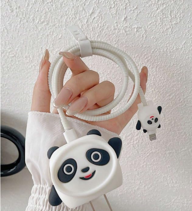 Image of Cable Protector with 3D Cute Pattern for iPhone Charger only18W & 20W | Data Line Wire Saver Charger Protective Cable Full Protection Set of-1 (White Panda-)