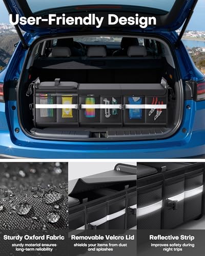 HOTOR Trunk Organizer - 3-Compartment Car Organizer and Storage with Cooler Bag, Foldable Car Storage Organizer for SUV with Handles & Strap for Shopping, Picnic, 33.1\" x 13.0\" x 11.8\", Black