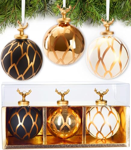 BRUBAKER 3er Set Weihnachtskugeln aus Glas - Gold Set mit Hirschkopf...