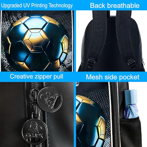 Image of gxtvo 3PCS Soccer Bookbag for Boys, 17 inch Kids Football Backpack with Lunch Box, Water Resistant Middle Elementary Letter School Bag - Blackgold Football